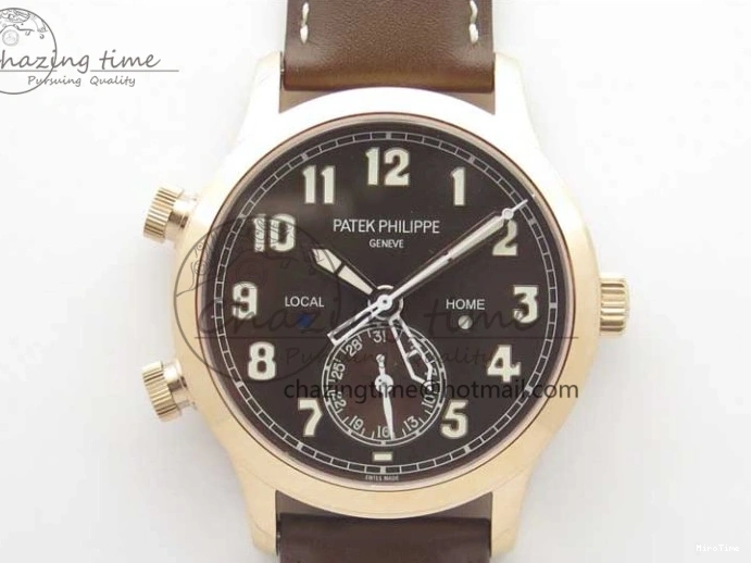 MIROTIME 0323 Calatrava 5524R Pilot Travel Time RG GRF Brown Dial on Brown Leather Strap MIYOTA TopPick 7155